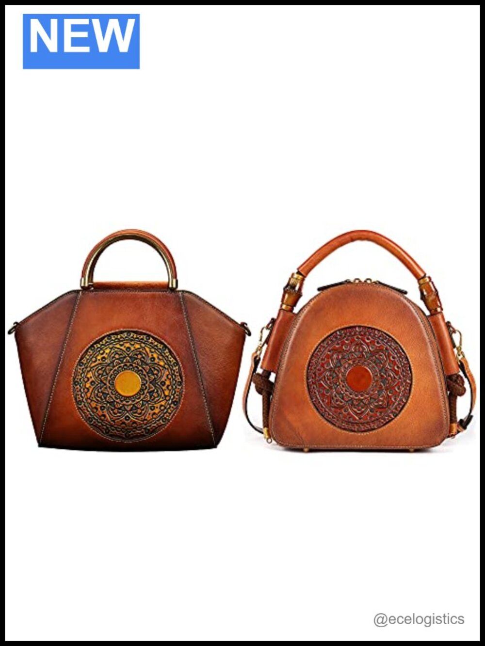 Vintage Leather Satchel Handbag with Floral Embossing and Mandala Motif,